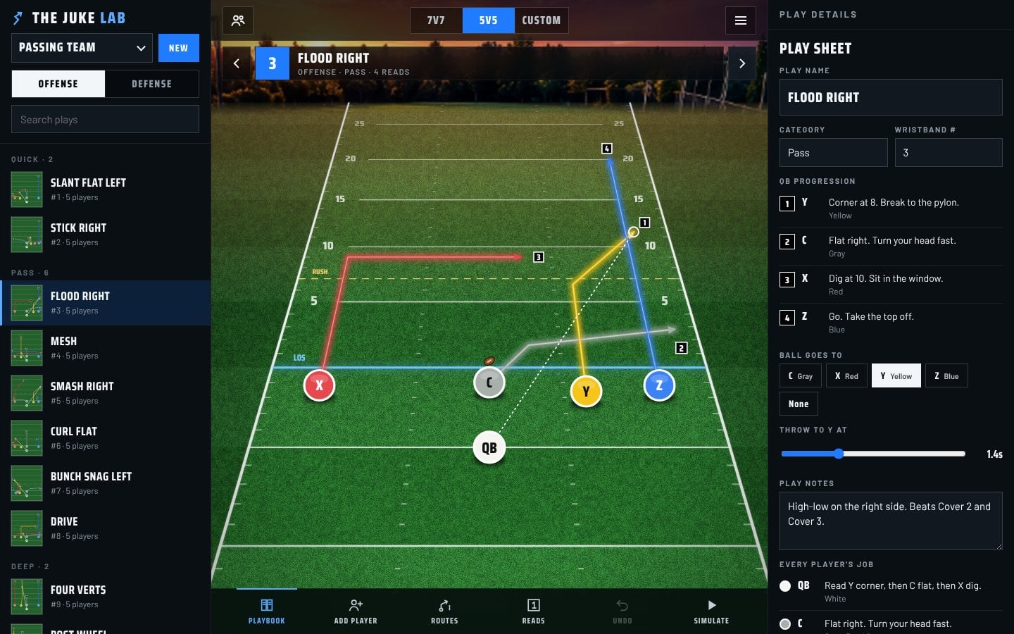 The Juke Lab on a laptop with the playbook list, the stadium field and the play sheet with QB progression