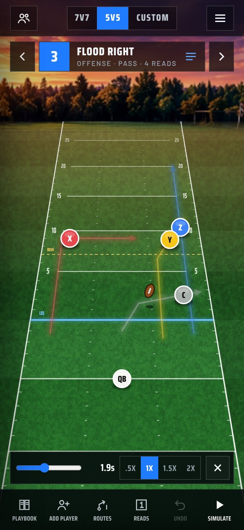 The app running a play, with the ball in the air to the first read